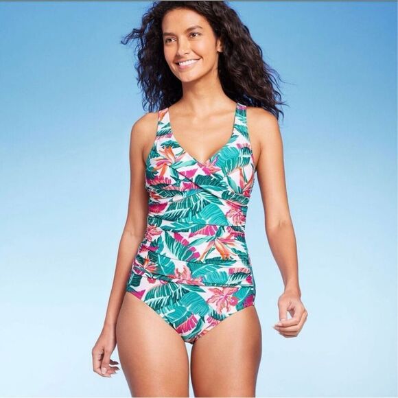 Kona Sol Pink and Green Floral One Piece Tummy Control Full Seat Coverage Swimsu - Picture 1 of 6